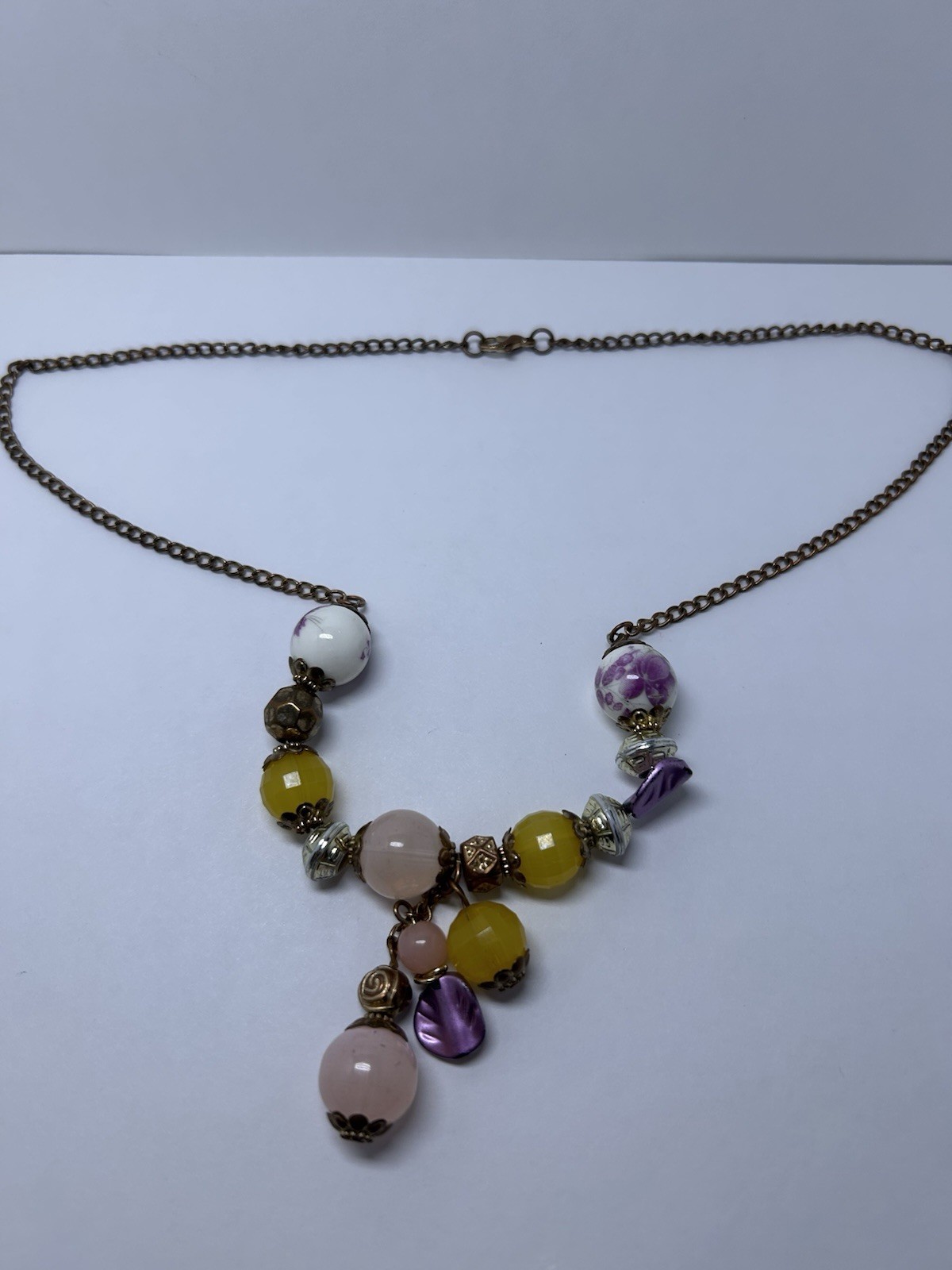 Vintage Multicolor Glass Beaded Cable Chain Necklace Asymmetrical Charm Pendant