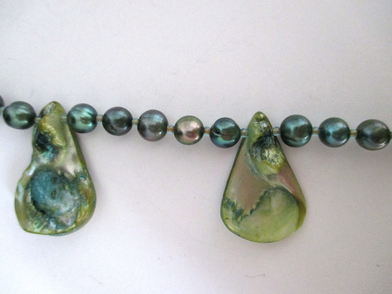 Abalone & Beaded Necklace 7 Green Shell Teardrop Pendants Dark Green Beads 15″