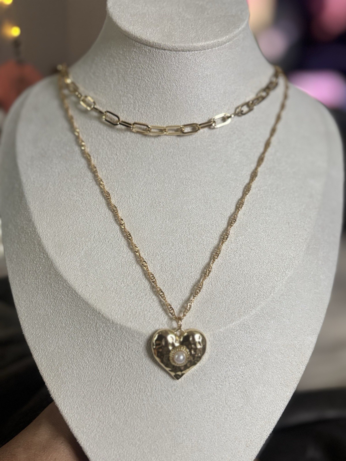 Layered Gold Tone Cable Chain Necklace Heart Charm Bezel Set Crystal Pendant