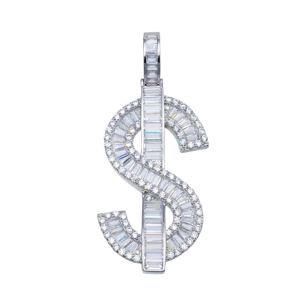 Rhodium Plated 925 Sterling Silver Dollar Sign Baguette Hip Hop $ Money Pendant