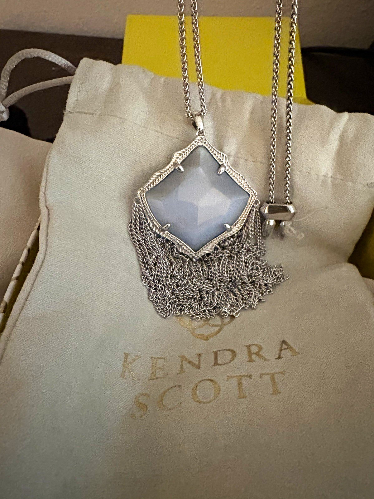 Kendra Scott Silver Tone Chain Necklace Tassel Fringe Pendant Gray Stone