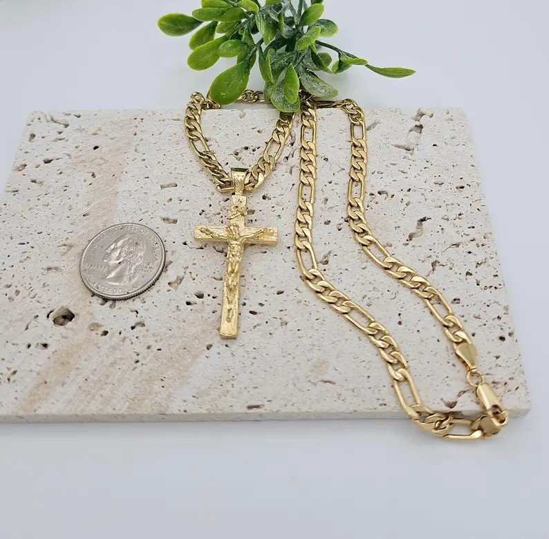 Gold Crucifix Necklace for Men, 6mm Round Figaro Chain, 14K Heavy Plated Gold