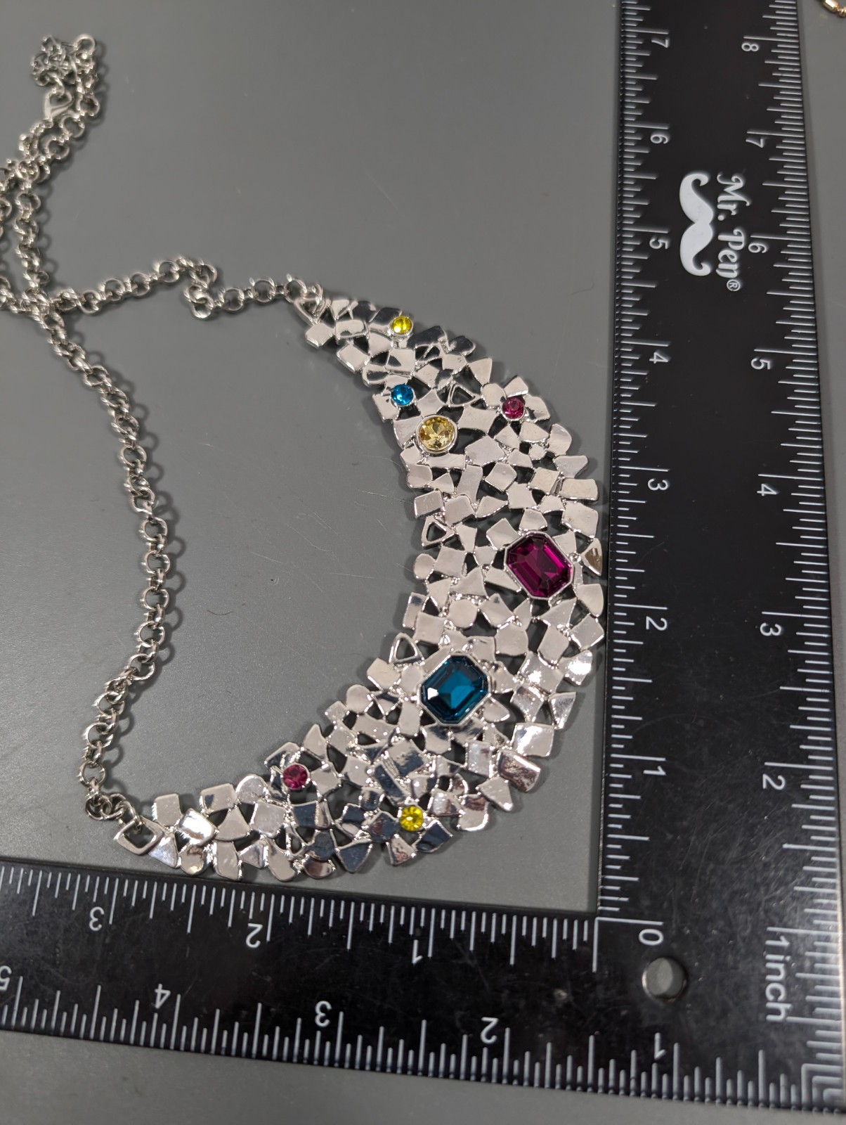Silver Tone Multicolor Crystal Bib Necklace Modern Statement Jewelry 21 in Glam