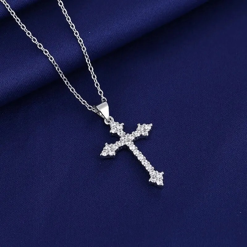 Cross necklace pendant with simulated lab diamonds 925 sterling White Gold