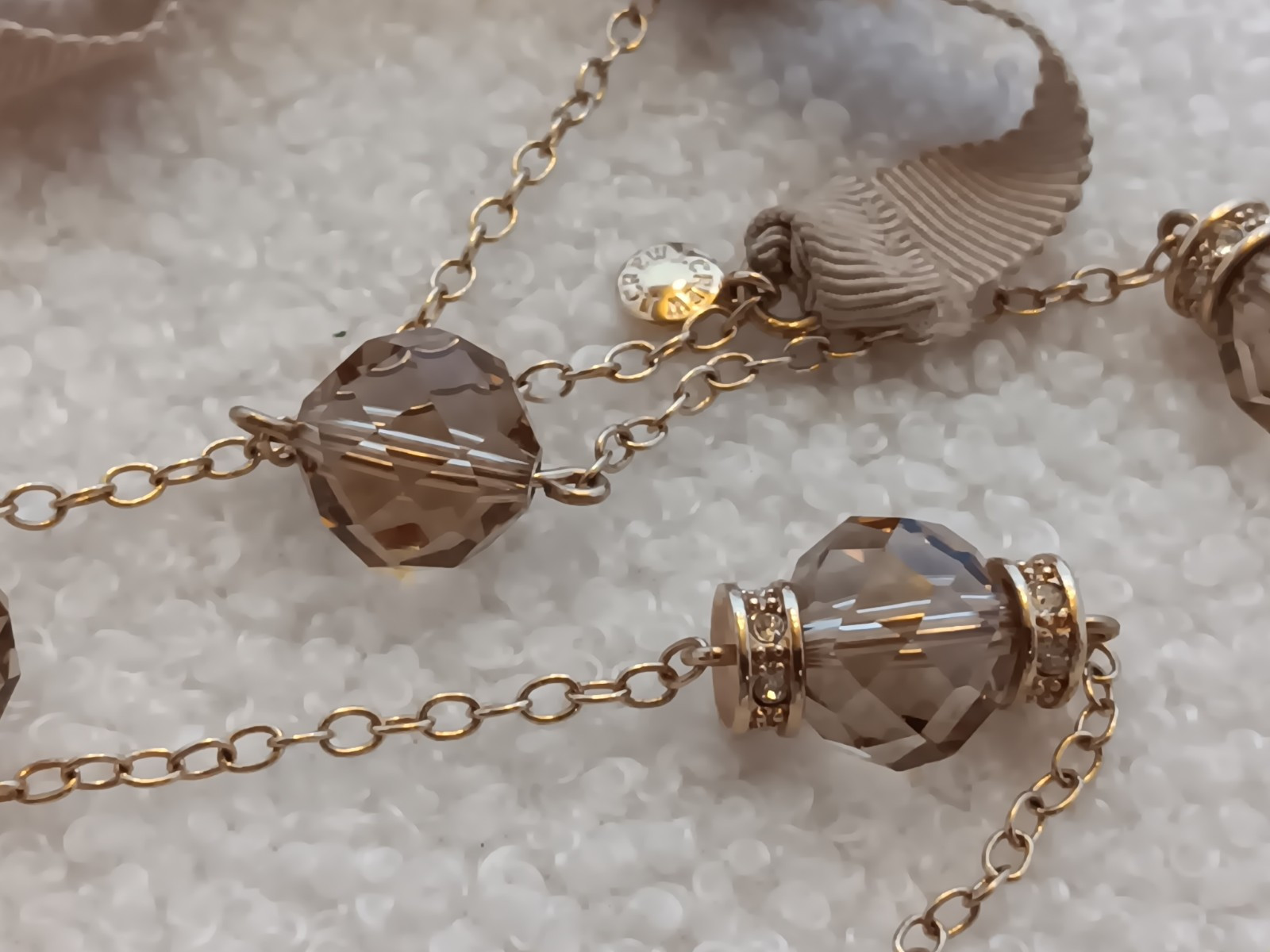 J Crew Goldtone Faceted Smoky Crystal Station Necklace Ribbon Closure 20-30 in