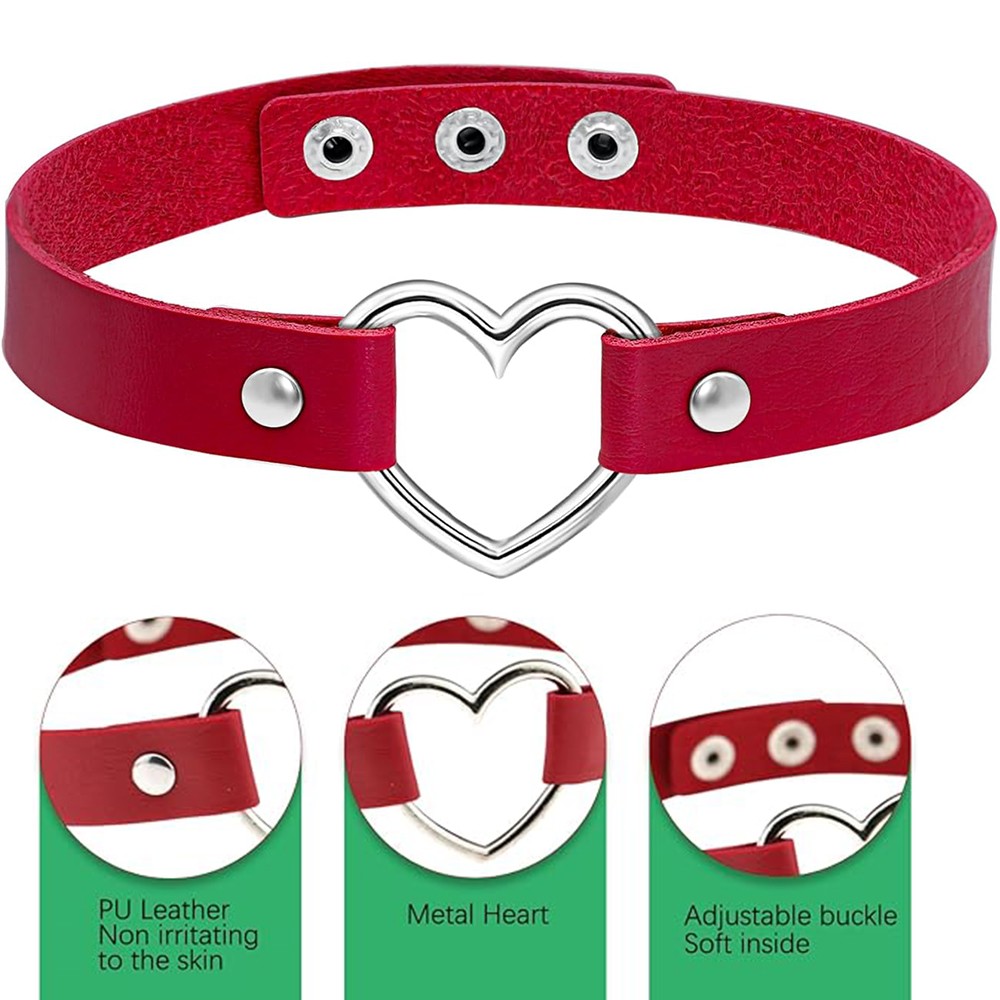 Leather Heart Choker Collar Punk Goth Adjustable Rivet Necklace Love O-Ring
