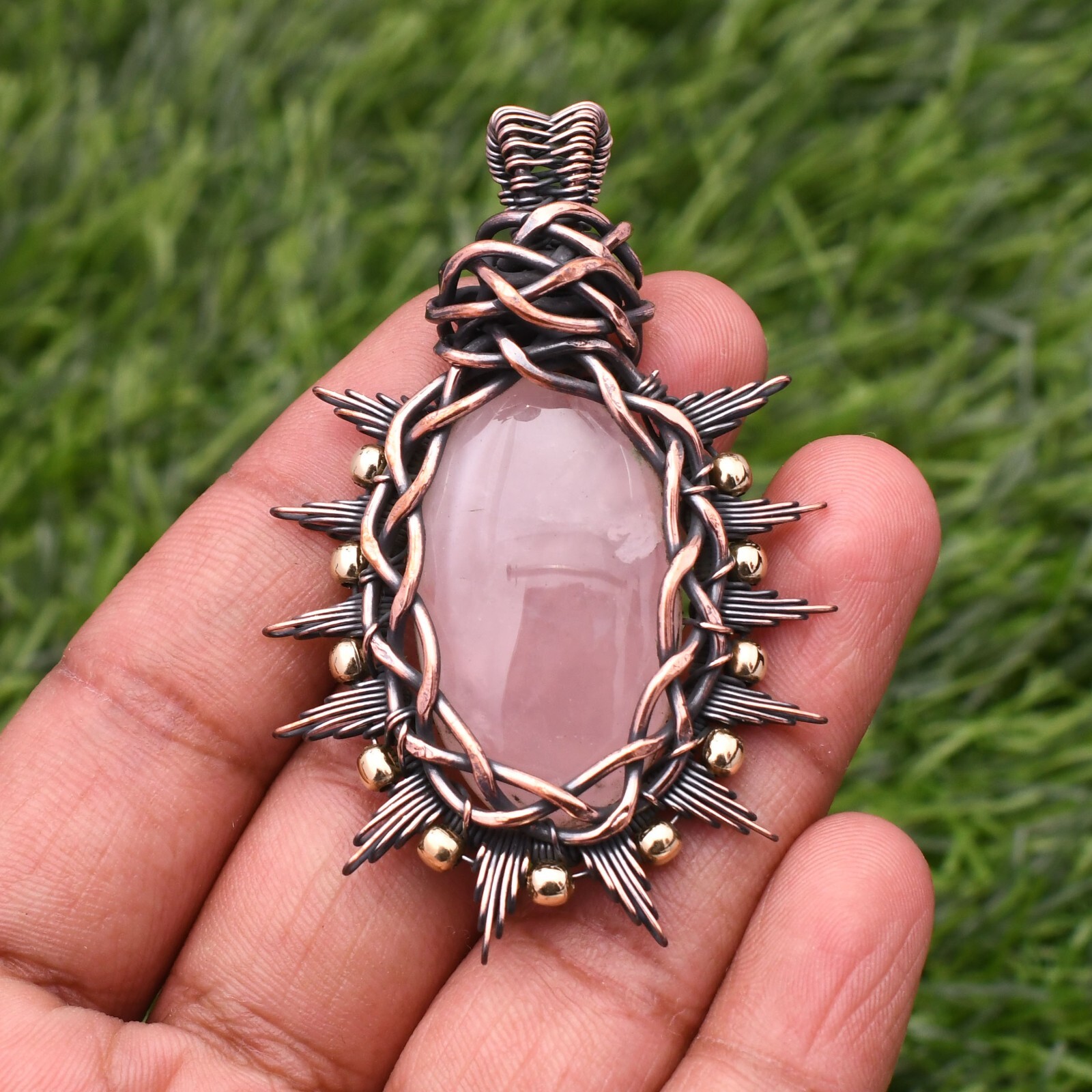 Natural Rose Quartz Gemstone Copper Wire Wrap Handmade Jewelry Pendant 2.28″