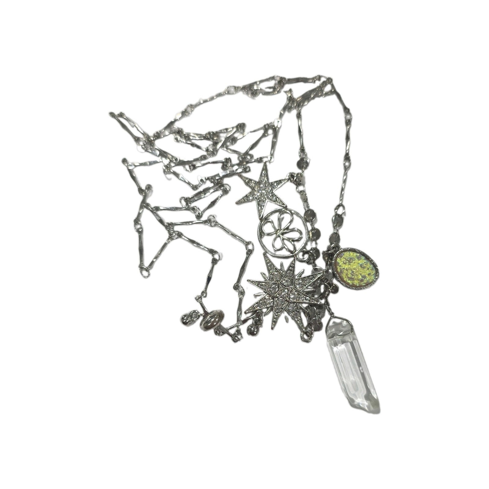 Silver Tone Celestial Star Charm Necklace Clear Crystal Hexagon Pendant Toggle