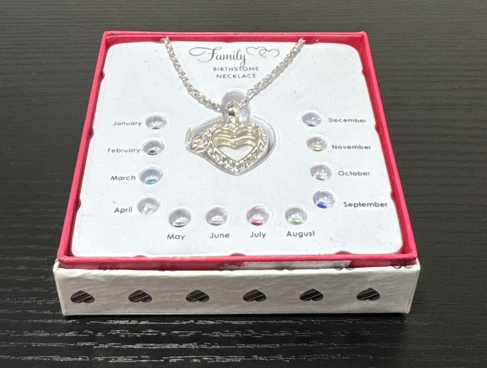 Silver Tone Family Birthstone Chain Necklace w Heart Locket Pendant NIB