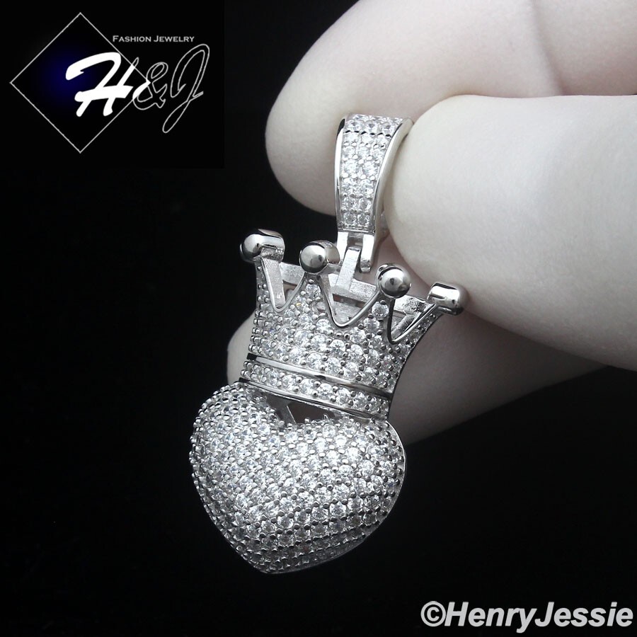 WOMEN SOLID 925 STERLING SILVER ICY BLING CZ 3D HEART SHAPE CROWN PENDANT*SP491