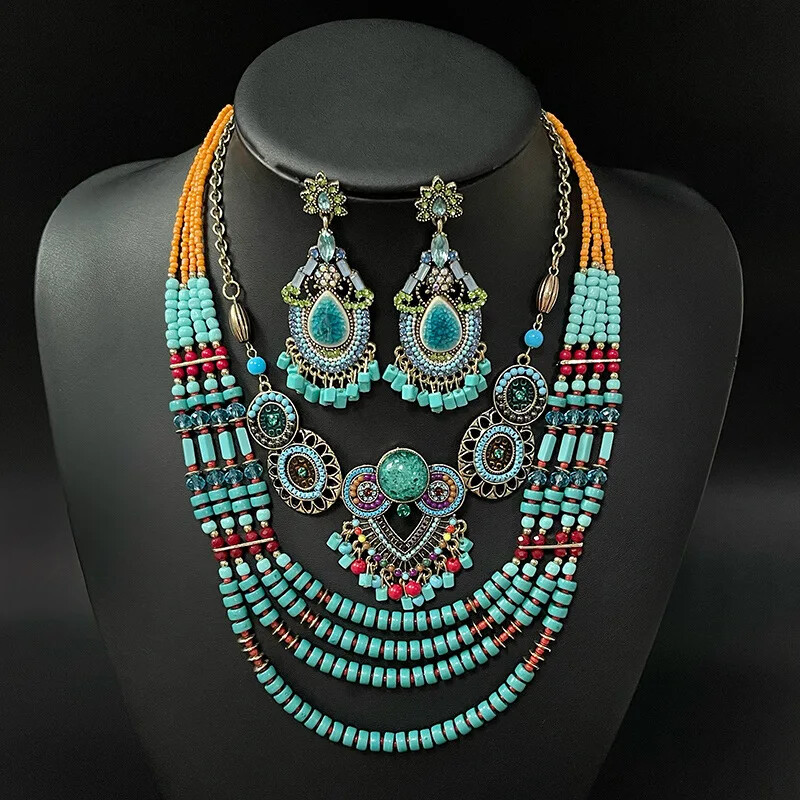 Retro Exotic Ethnic Bohemian Necklace Earrings Set Female Owl Bead String