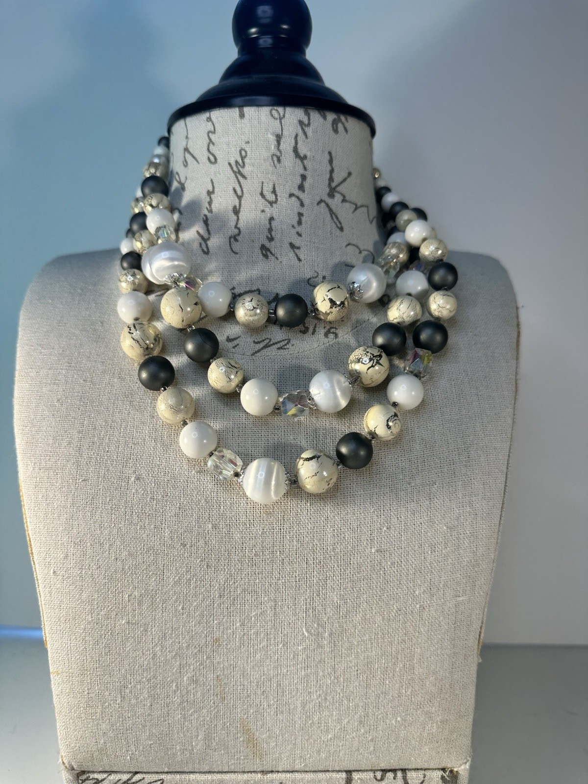 Vintage Multi-Strand Beaded Necklace, Black White Gray Beads, Adjustable Jewelry