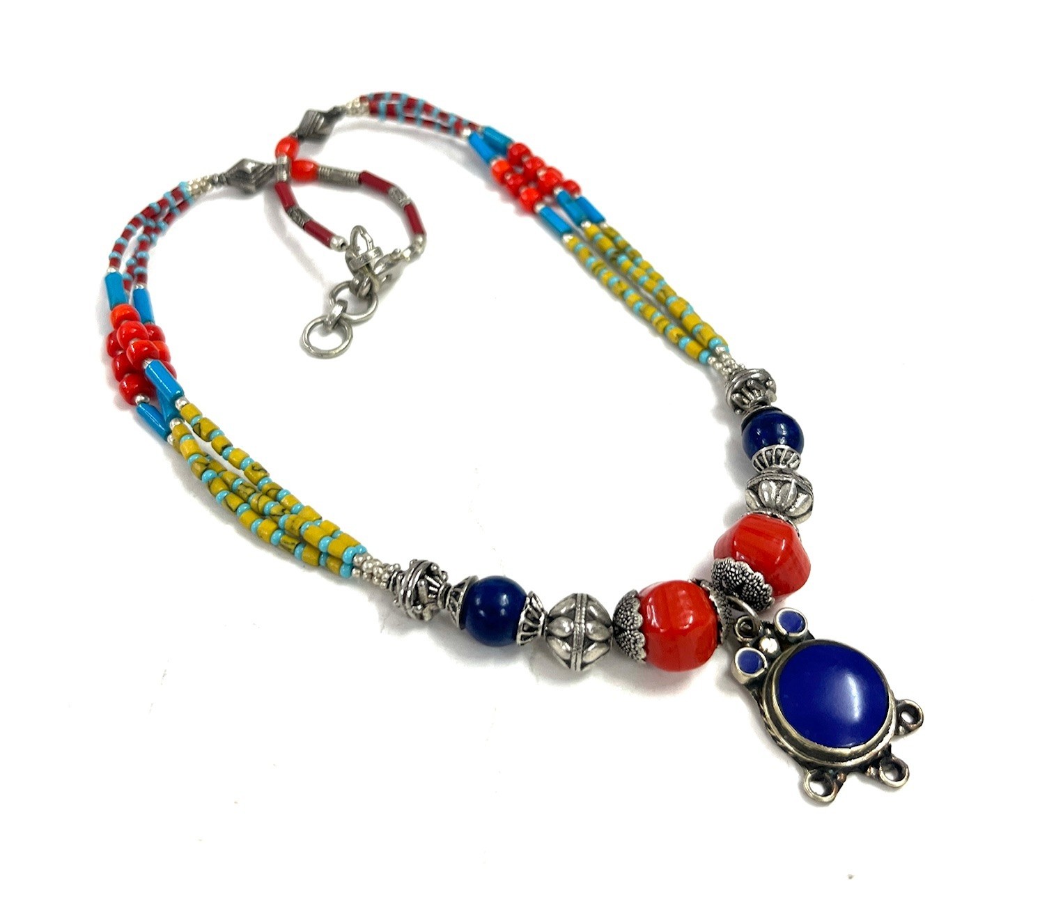 Antique Lapis Coral Gemstone Tibetan Traditional Necklace Jewelry, 16 Inc Adjs
