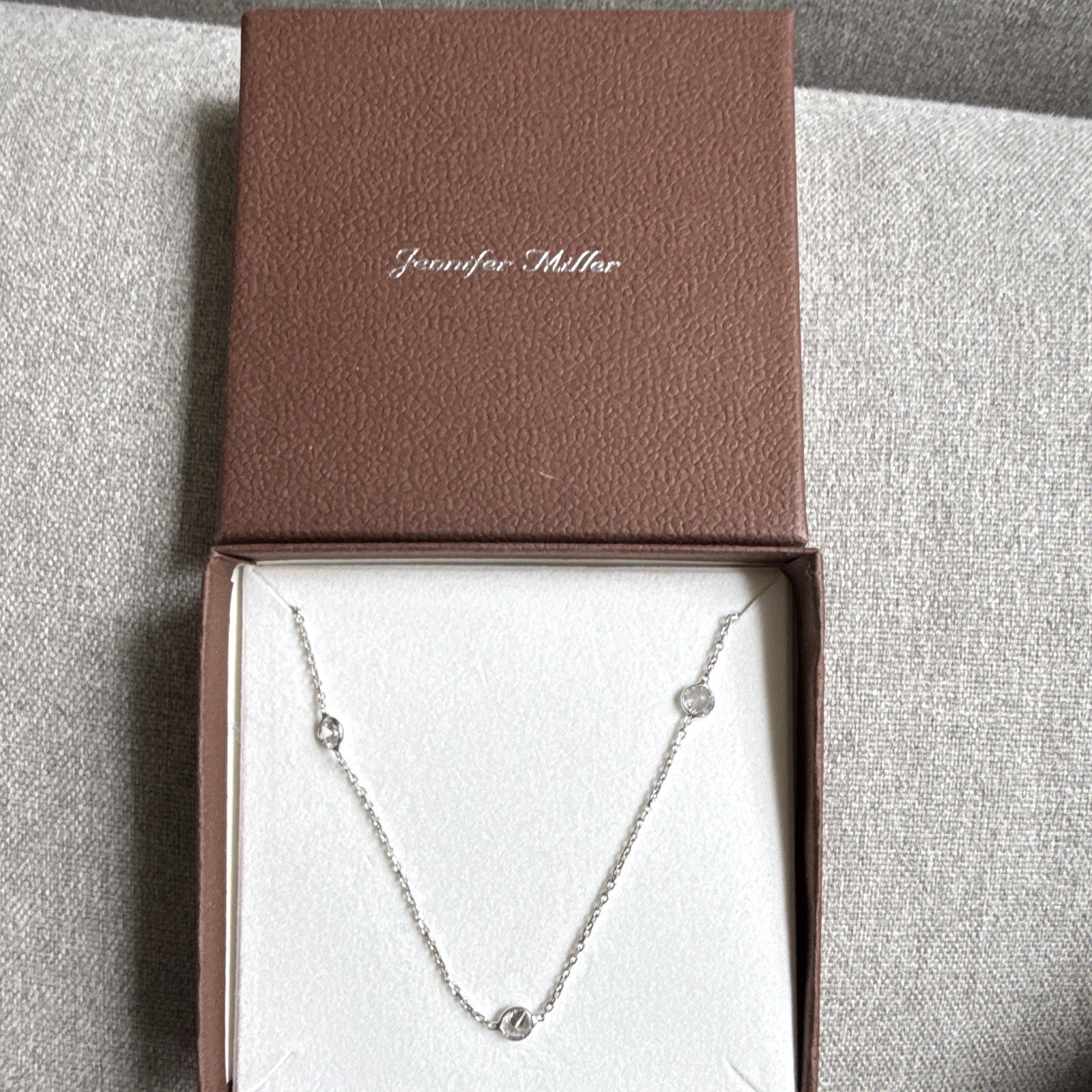 Jennifer Miller Signed 925 Sterling Silver CZ Station Necklace, Cable Chain