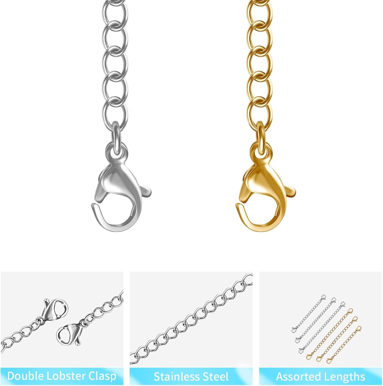 12 PCS Necklace Extenders – Stainless Steel Necklace Extension Chain for Jewelry