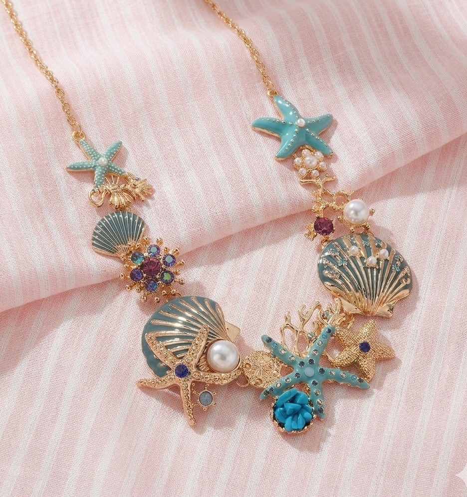 Seahorse Seashell Necklace Zara Starfish Pearl Coral Gold CZ Floral Turquoise