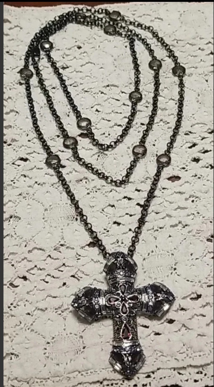 Large Cross Necklace, Black & Purple Medallion Pendent On A 48″station Chain