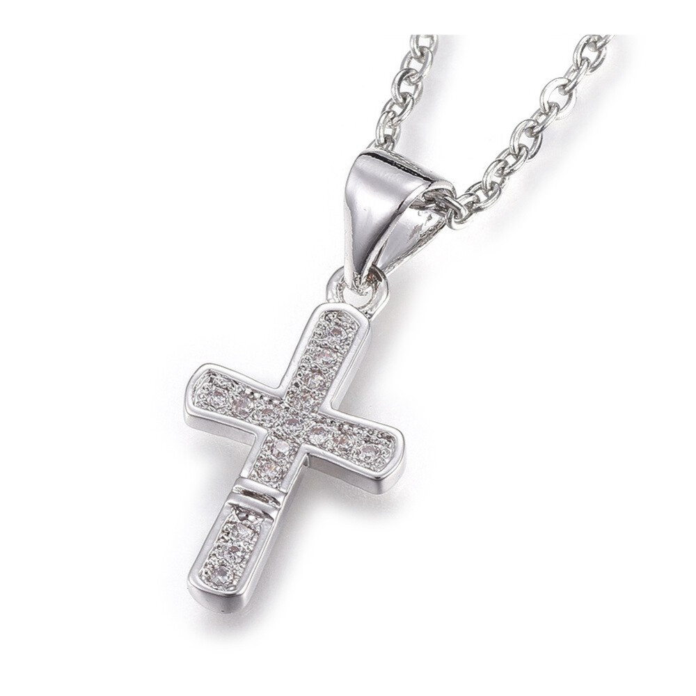 Stainless Steel Pendant Necklace Cross Clear Silver 17.6″ 45cm 17x10x1mm Z566