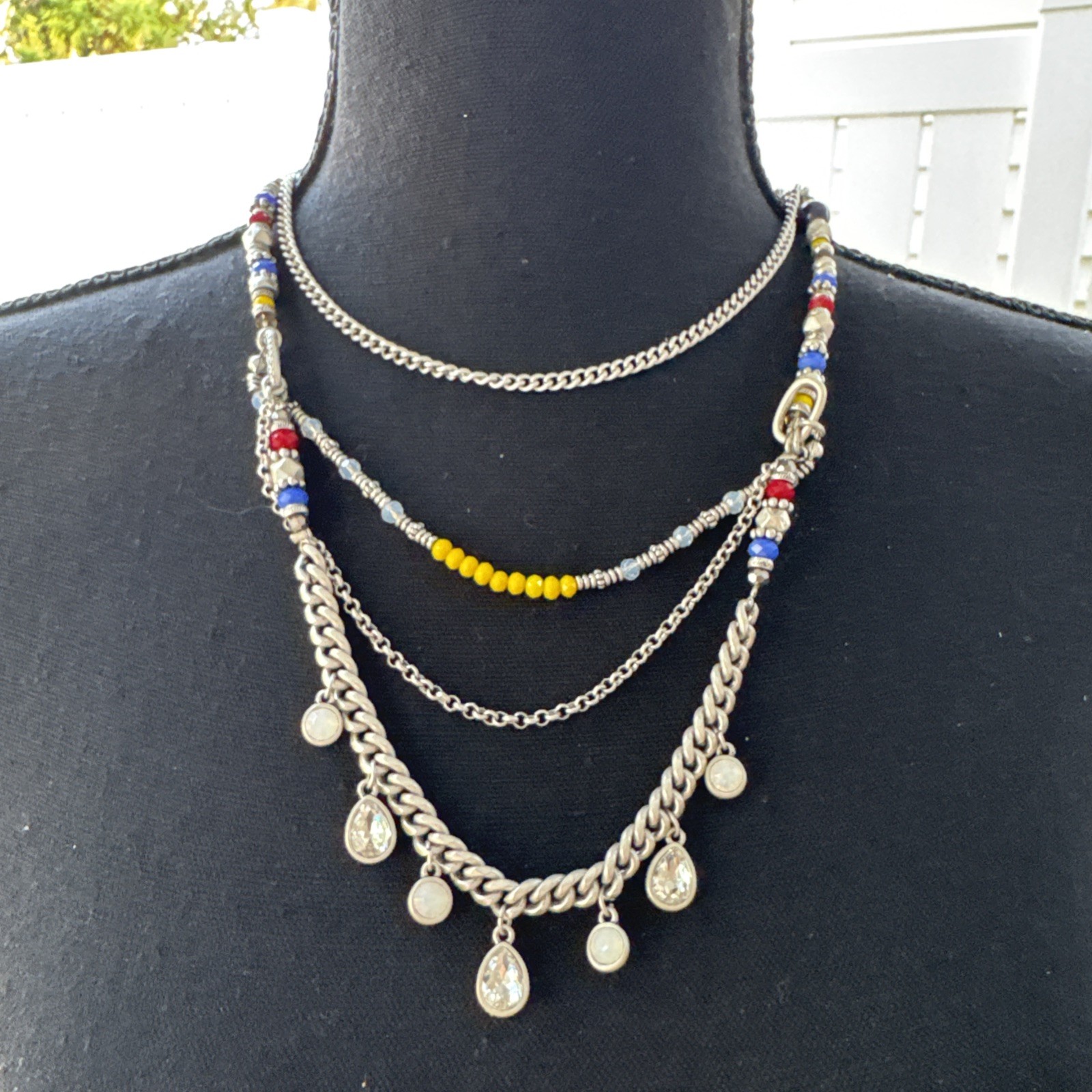 Cara NY SUMMER Chain Statement Necklace Layered CZ Yellow Blue Red NEW