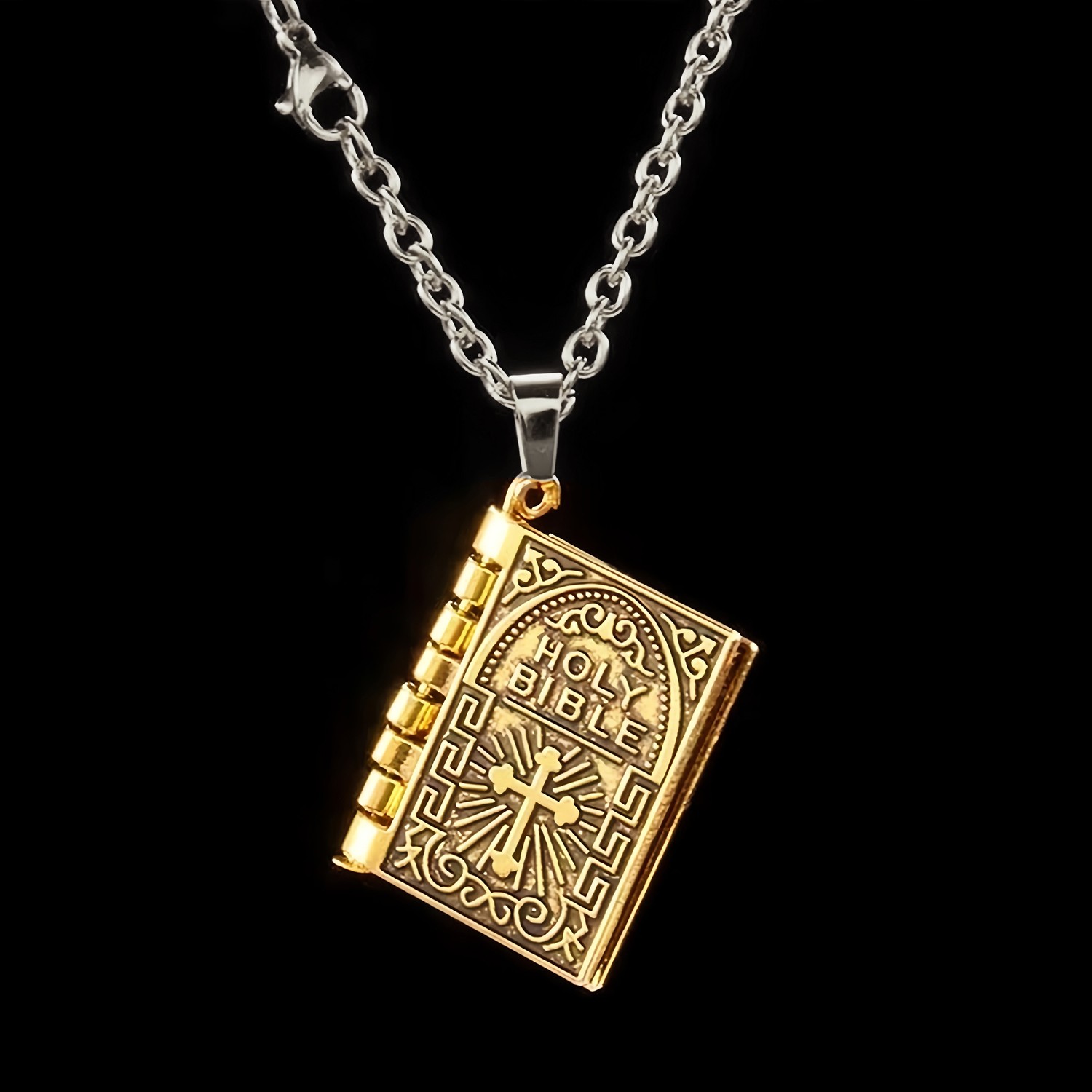 Men Women Vintage Gold Jewelry Bible Book Cross Pendant Daily Wear Necklace