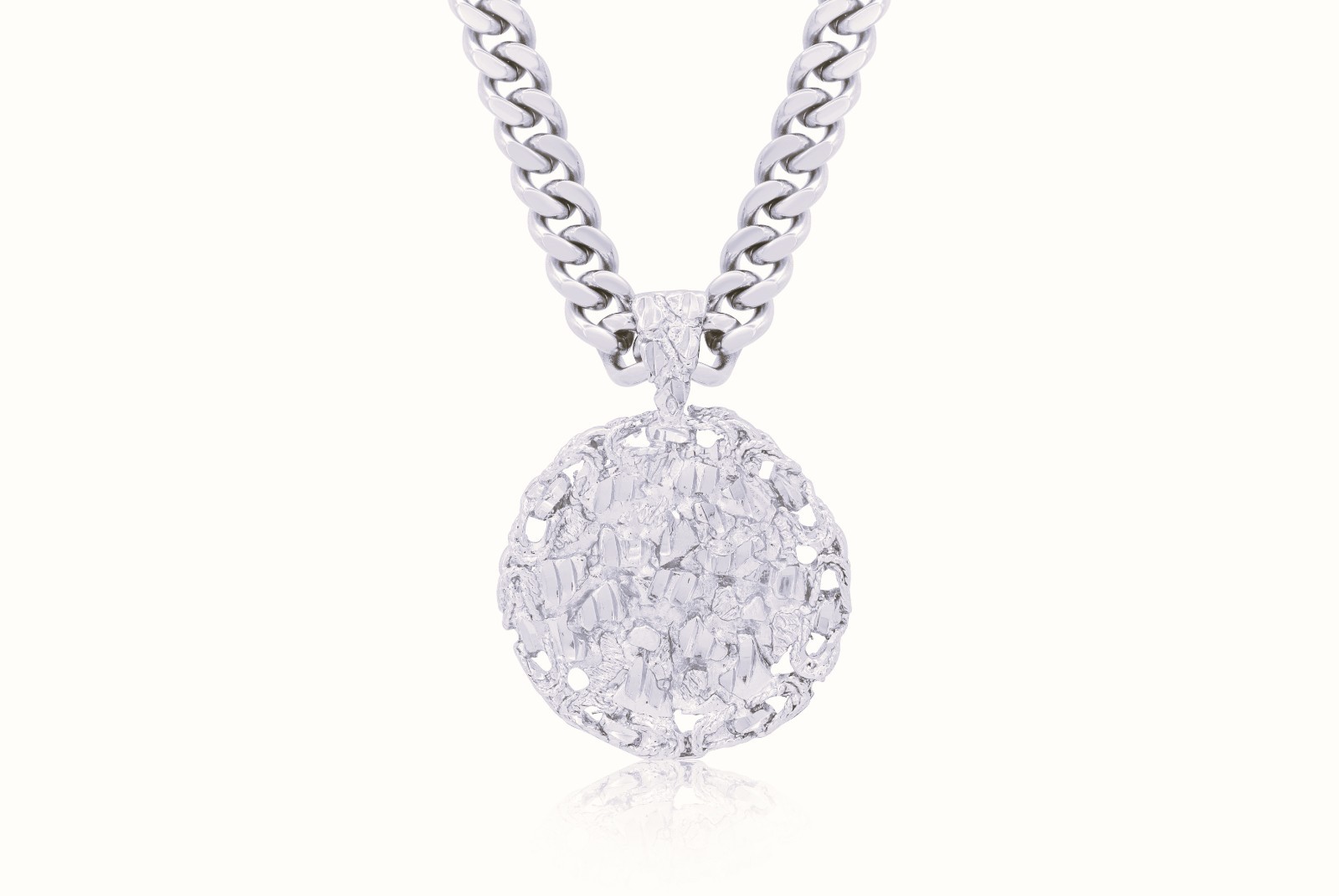 Large Silver Nugget Necklace 7mm Curb Chain Rhodium Plated For Men