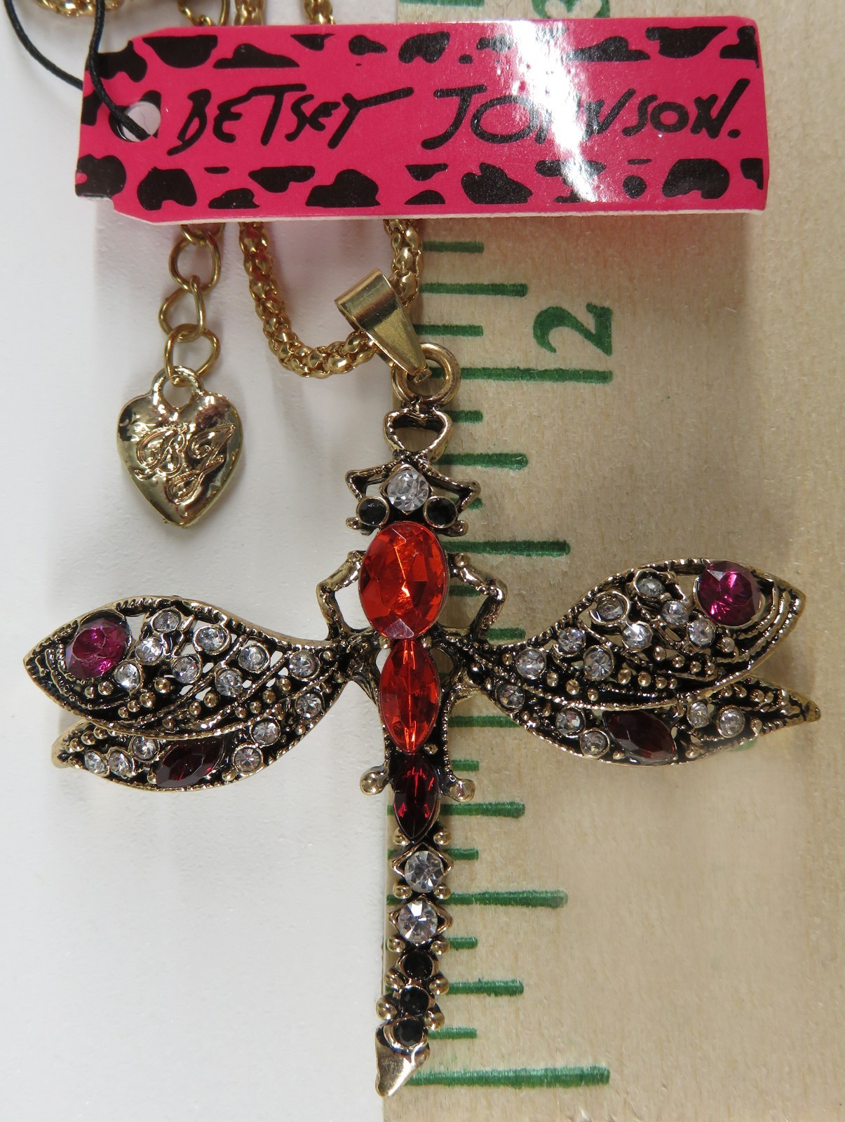 NWT-Betsey Johnson Red & Clear Crystal Dragonfly Pendant on Goldtone Necklace