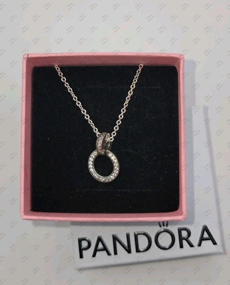 Authentic Pandora Double Circle Pendant & Necklace Sterling Silver w/ Box Z12