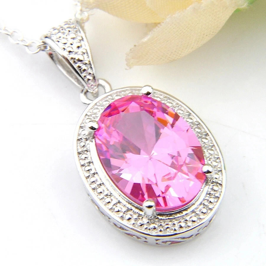 3.14 Ct Oval Cut Pink Sapphire Pendant Wedding Pendant 14K White Gold