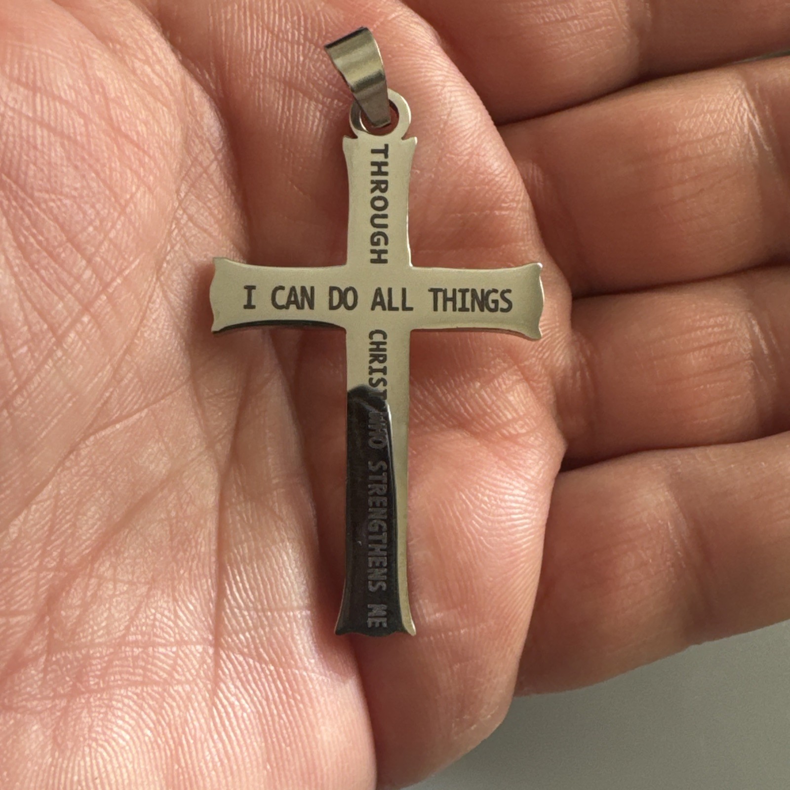 Cross Pendant Scripture Stainless Steel Silver Tone 24 Inch Cuban Link Chain