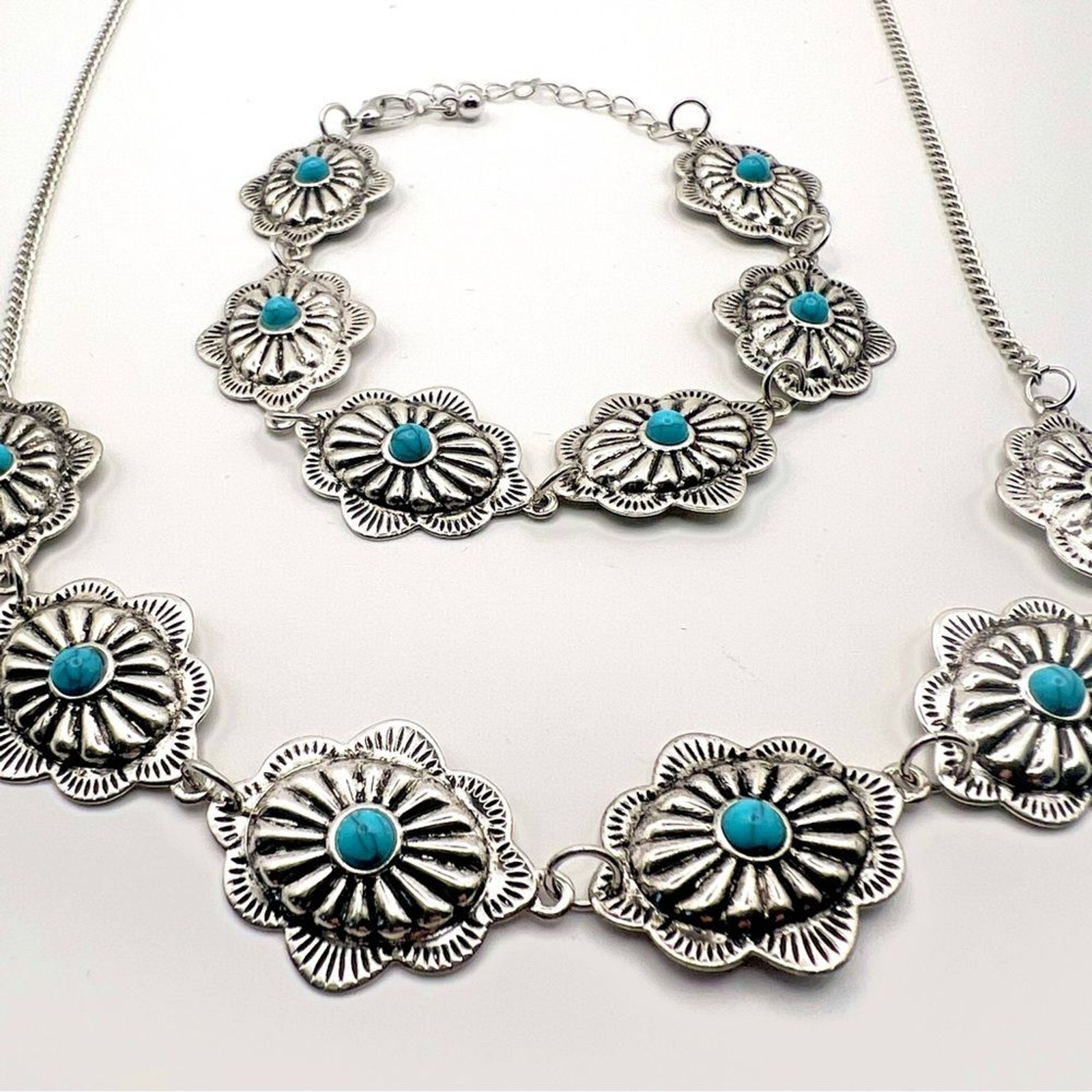 Boho Silver-Tone Turquoise Flower Necklace & Bracelet Set