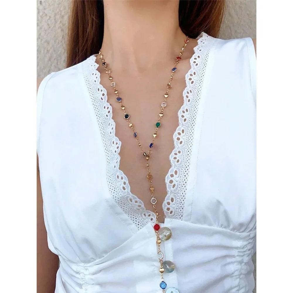 Colorful Crystal Y-Shaped Zinc Alloy Necklace Gold Silver Collarbone Chain