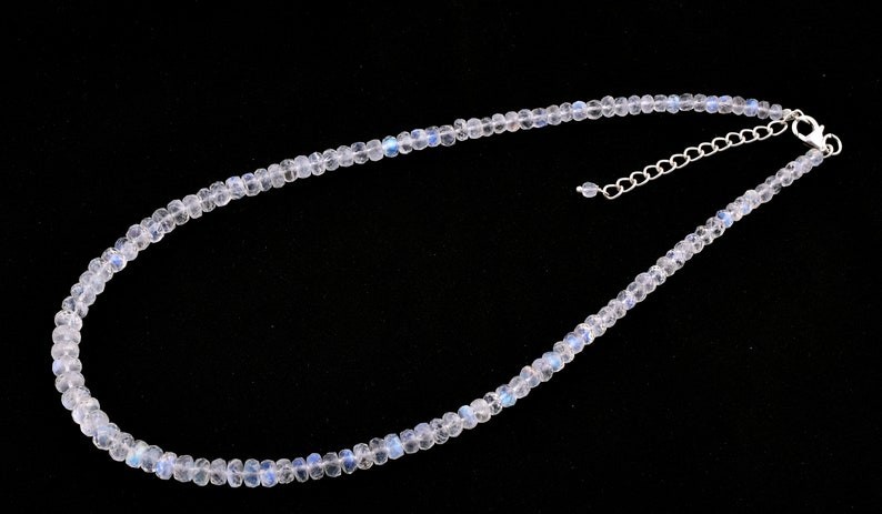 4MM Blue Flashy Moonstone Faceted Rondelle Gemstone Beaded Handmade Necklace 18″