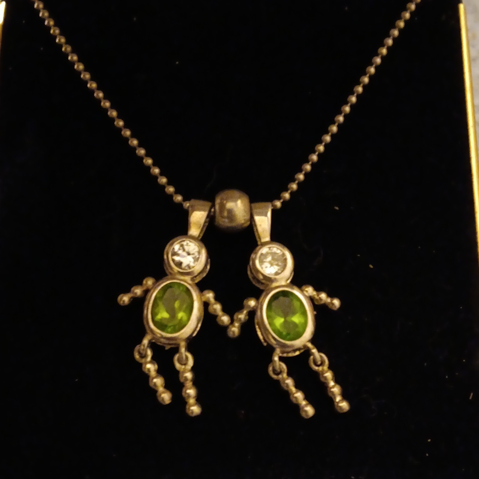 Vintage 925 Italy Silver Bead Chain Necklace Green Peridot Rhinestone Boy Girl