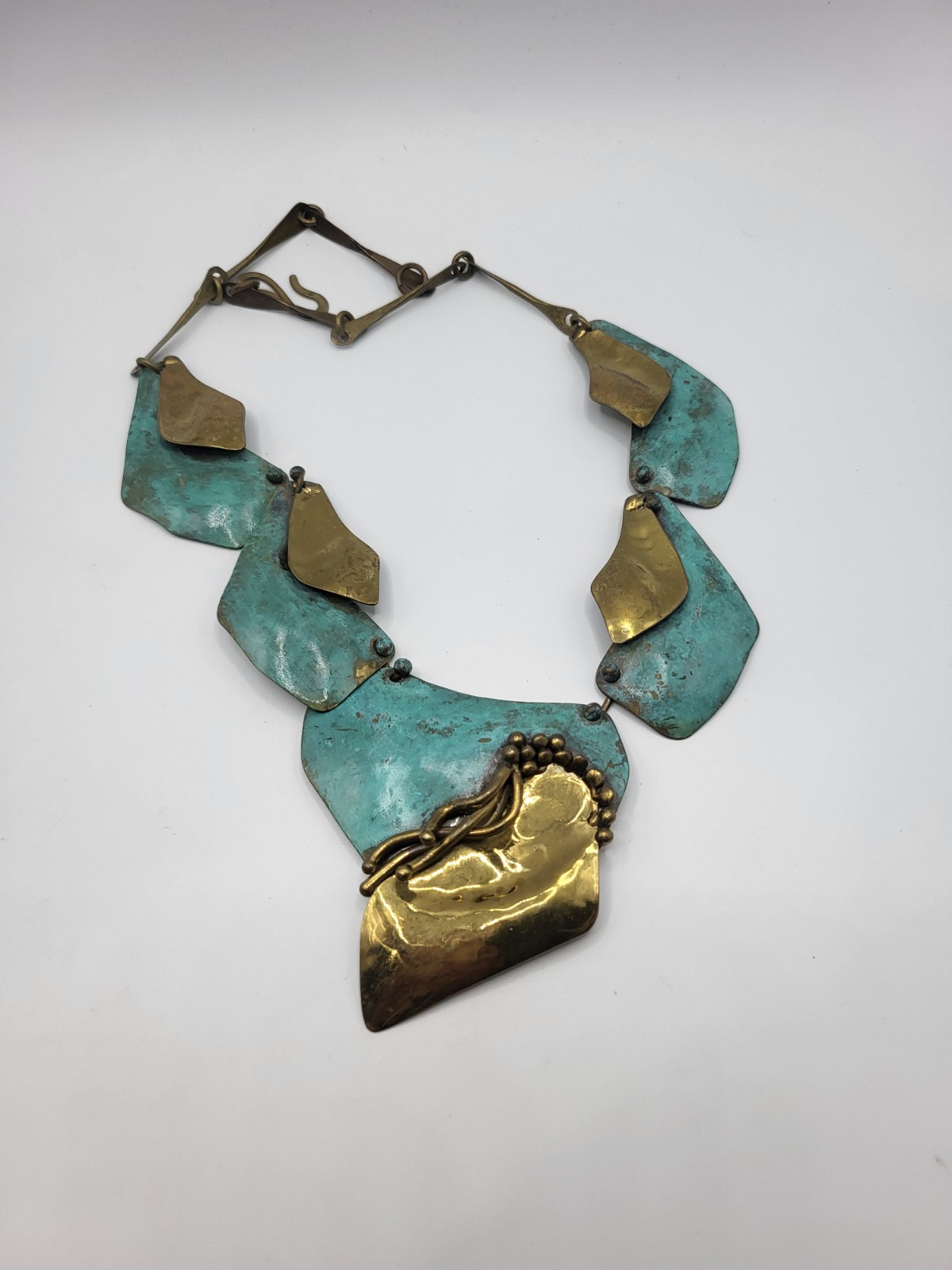 Signed Artisanal Mixed-Metal Bib Necklace Textured Verdigris Patina Gold Tone