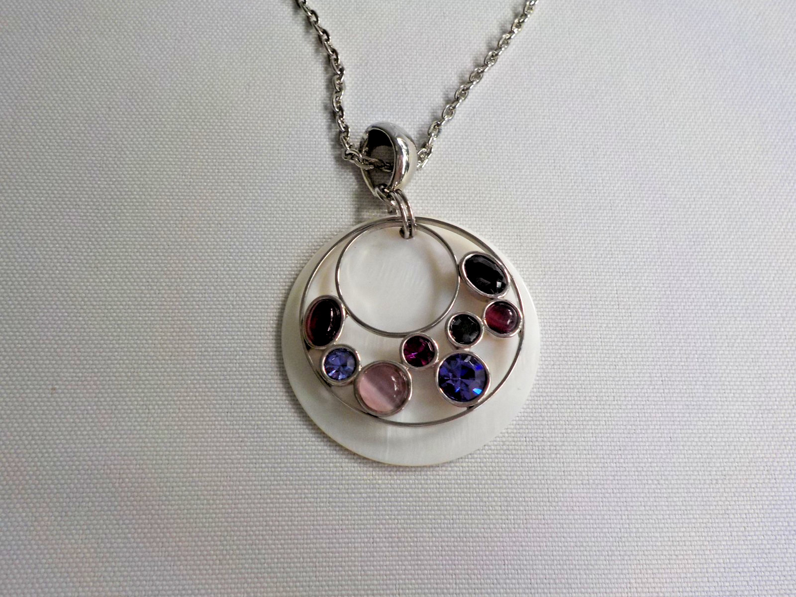 SL Faux Mop Necklace Silver Tone Metal 27″L Plastic Light Dark Purple Round
