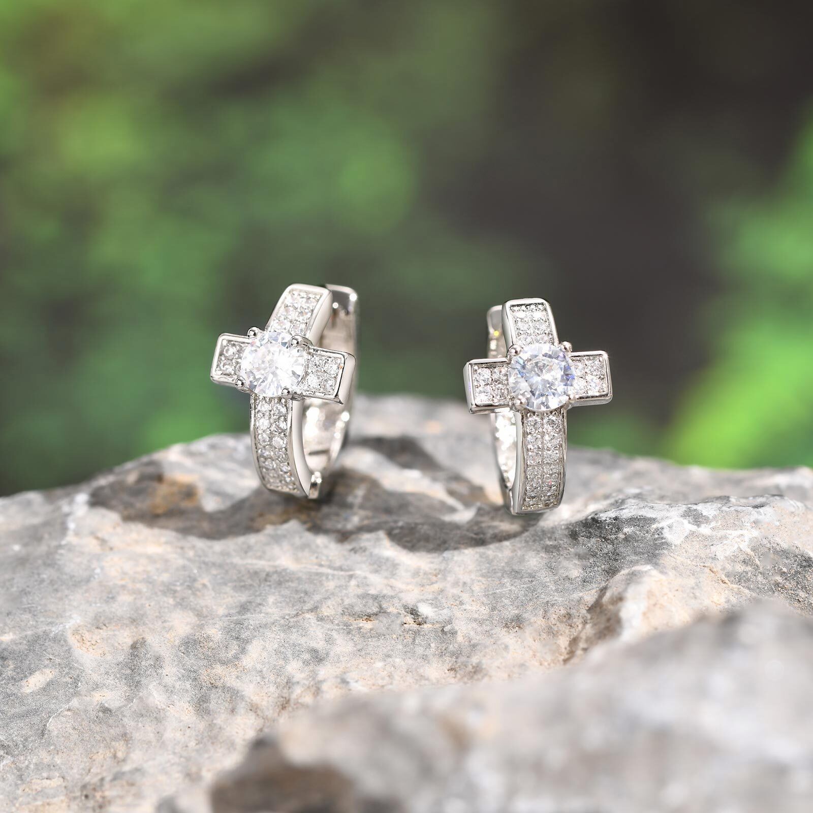 Silver Cross Hoop Earrings Faith Huggie Bling AAA CZ Stone Centered Men Classic