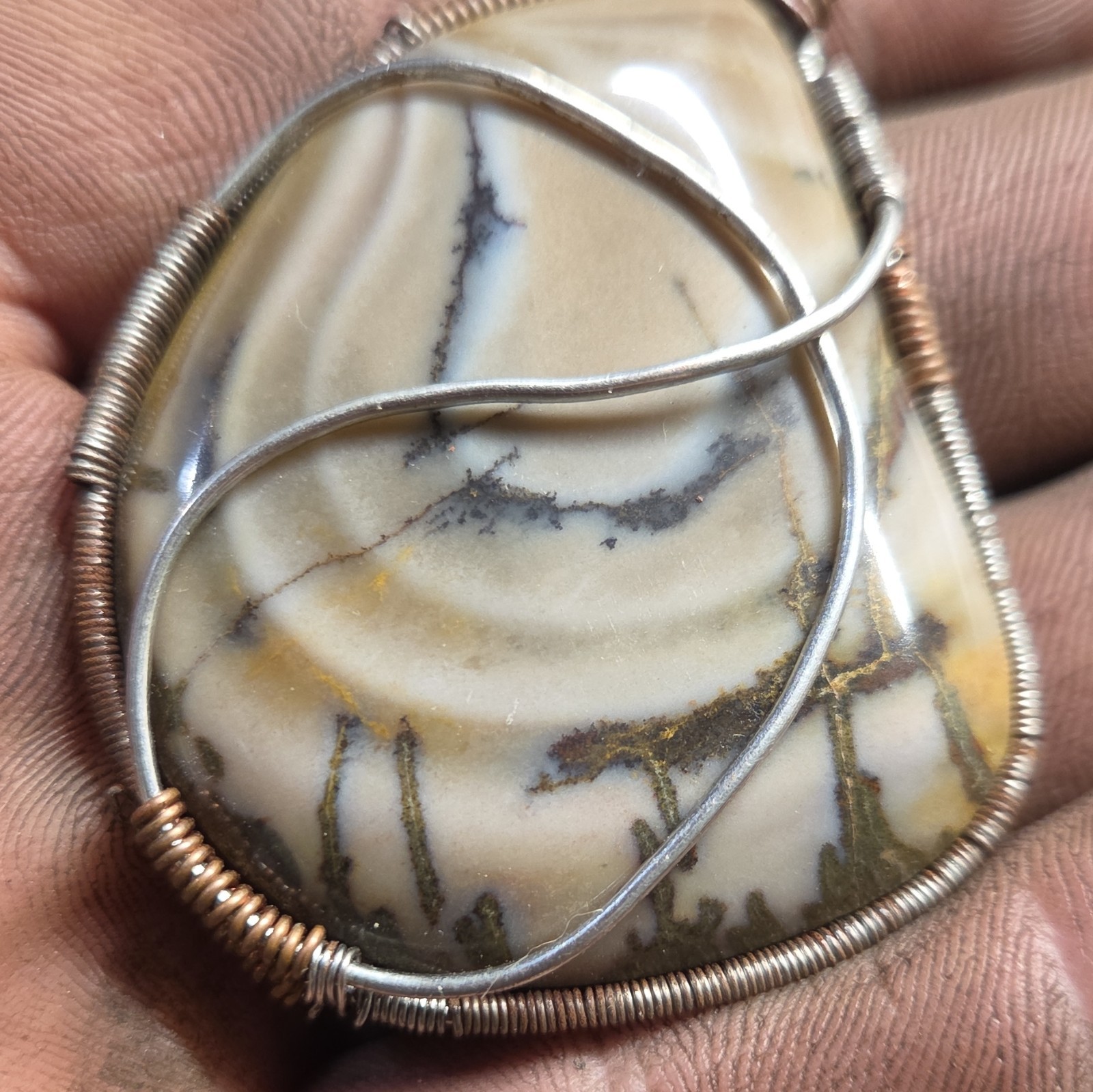 Copper And Stainless Wire Wrapped Freeform Blue Biggs Jasper Pendant Handcrafted