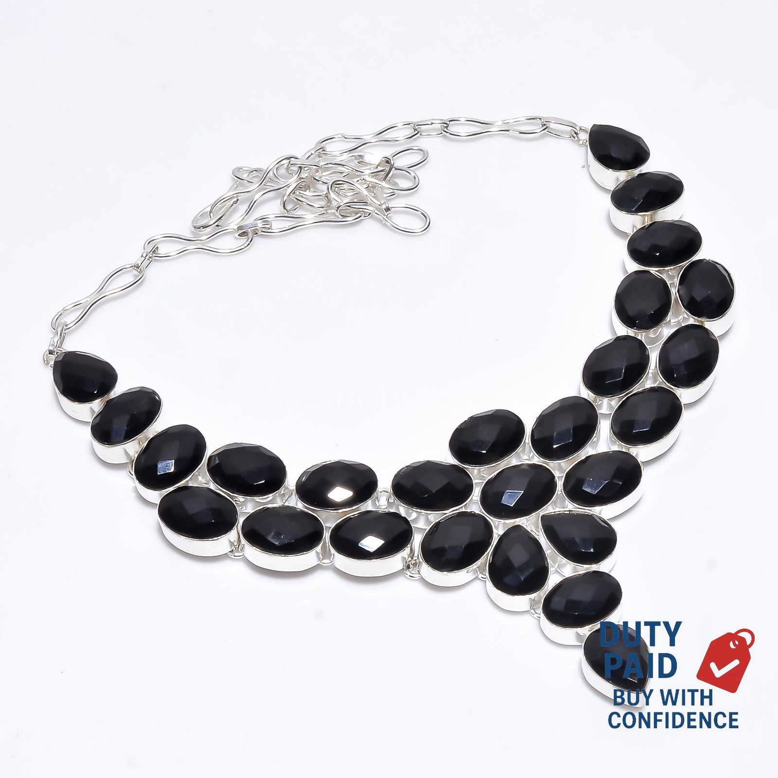 Mix Shape Genuine Black Spinel Channel Set Hook Chain Wife Necklace 925 Silver