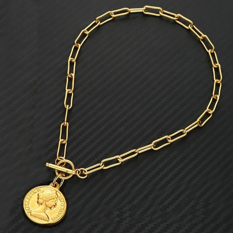 Layering Gold Paperclip Chain Necklace, Vintage Coin Pendant Toggle Choker Gift