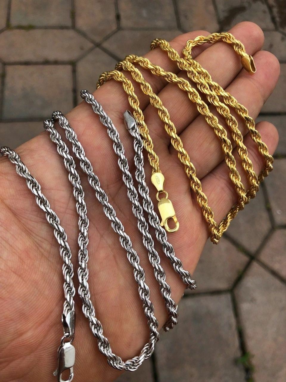 Men’s Solid 925 Sterling Silver / 14k Gold Plated Rope Chain Heavy 4mm ITALY