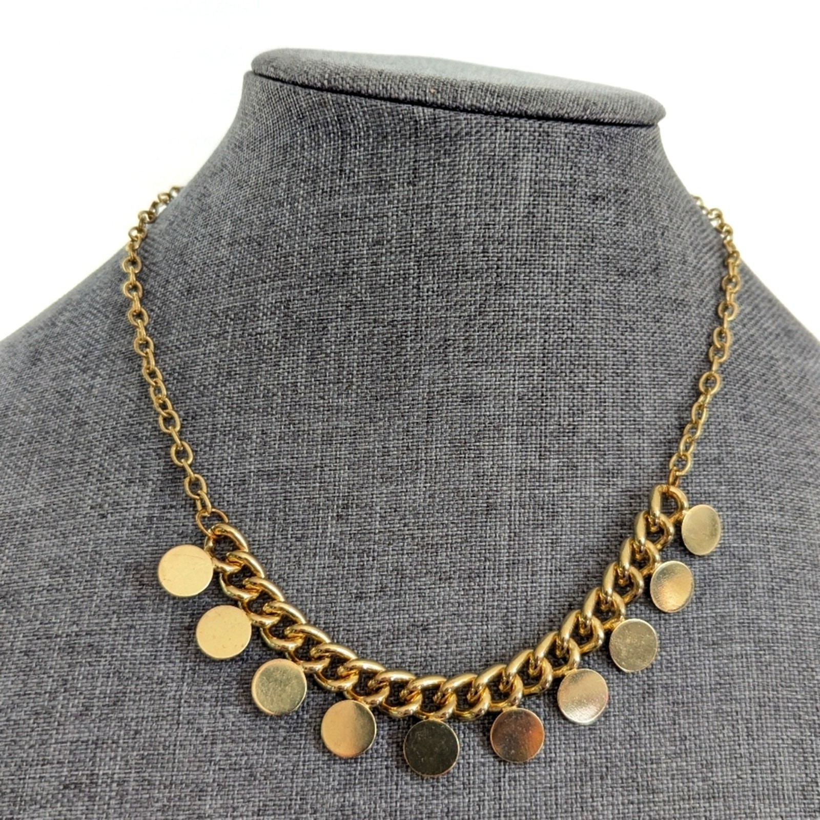JS Signed Trendy Gold Tone Disc Coin Chain Dangle Chacha Necklace
