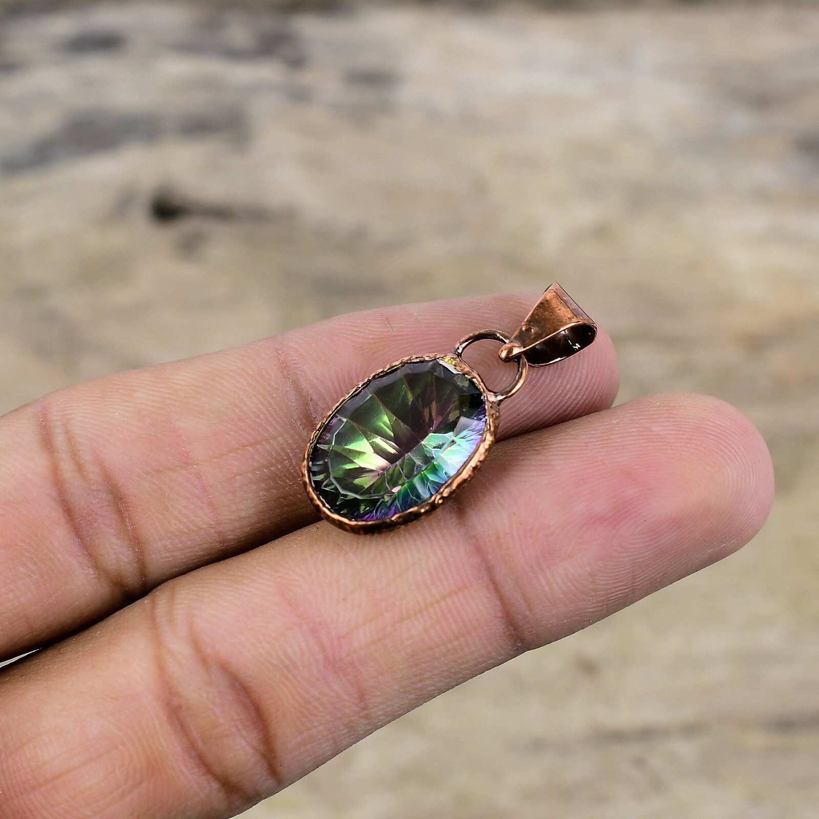 Copper Rainbow Mystic Topaz Gemstone Bezel Wedding Electroformed Pendant Jewelry