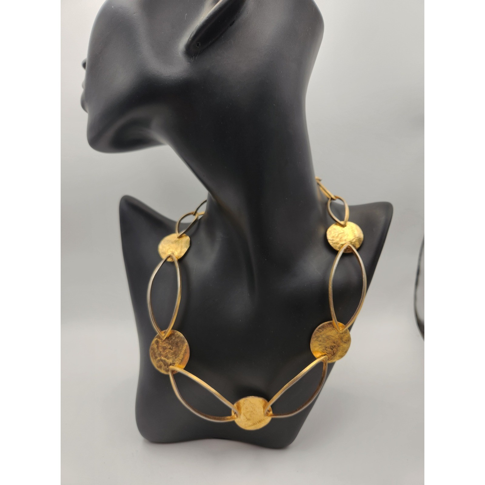 Delphine Nardin Paris Gold Tone Hammered Disc Marquise Link Statement Necklace