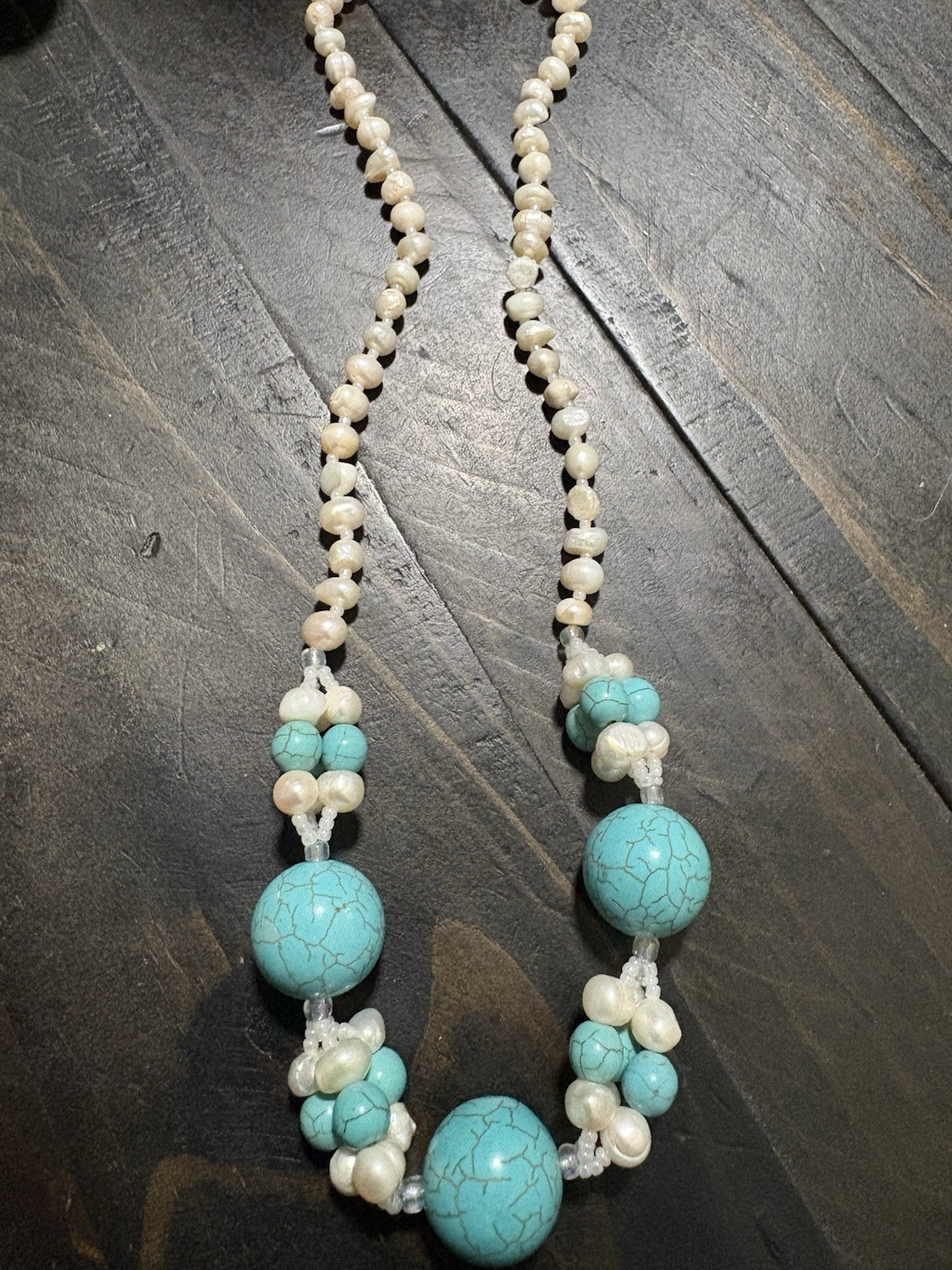 Vintage Boho Statement Necklace Turquoise Howlite Freshwater Pearl