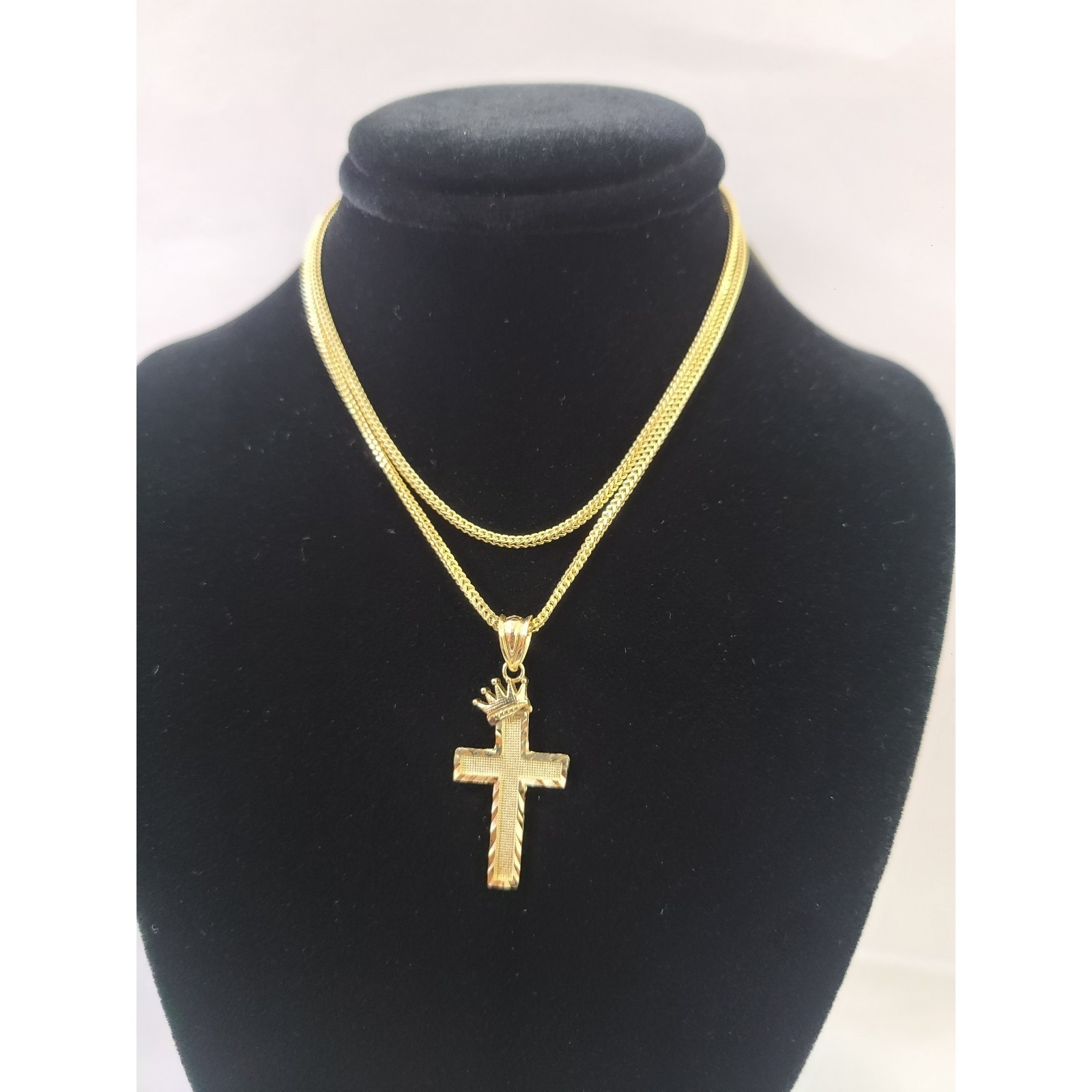 10K Gold Franco Chain 1mm Crown Cross Charm 16″-24″ Necklace Women Men