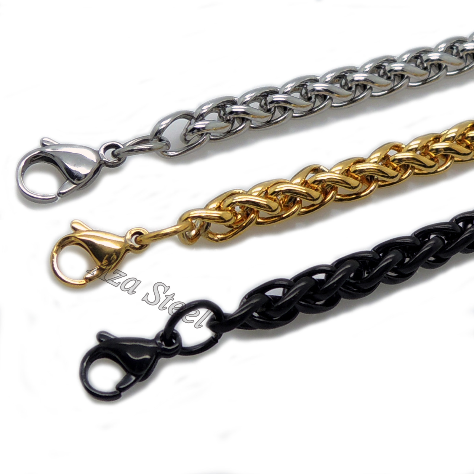 MENS 6MM Gold/Black/Silver 16″~36″ Stainless Steel Wheat Braided Chain Necklace