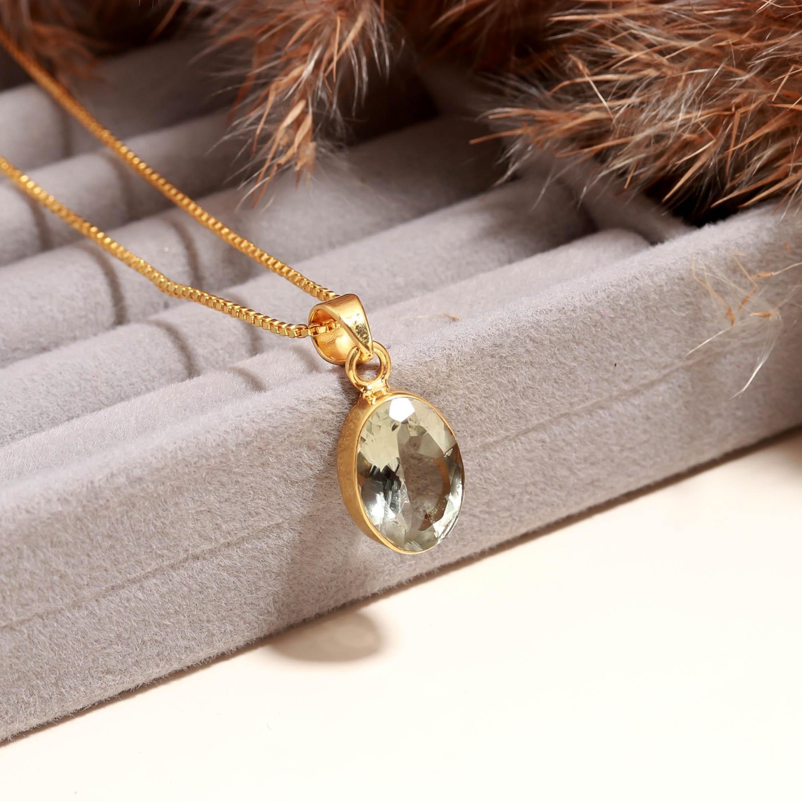 100%Natural Green Amethyst Oval Necklace Gold Plated 925 Sterling Silver Jewelry