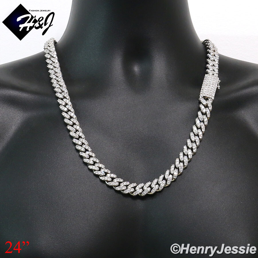 18-24″MEN 14K WHITE GOLD PLATED ICY BLING CZ 12MM MIAMI CUBAN CURB NECKLACE*BN5