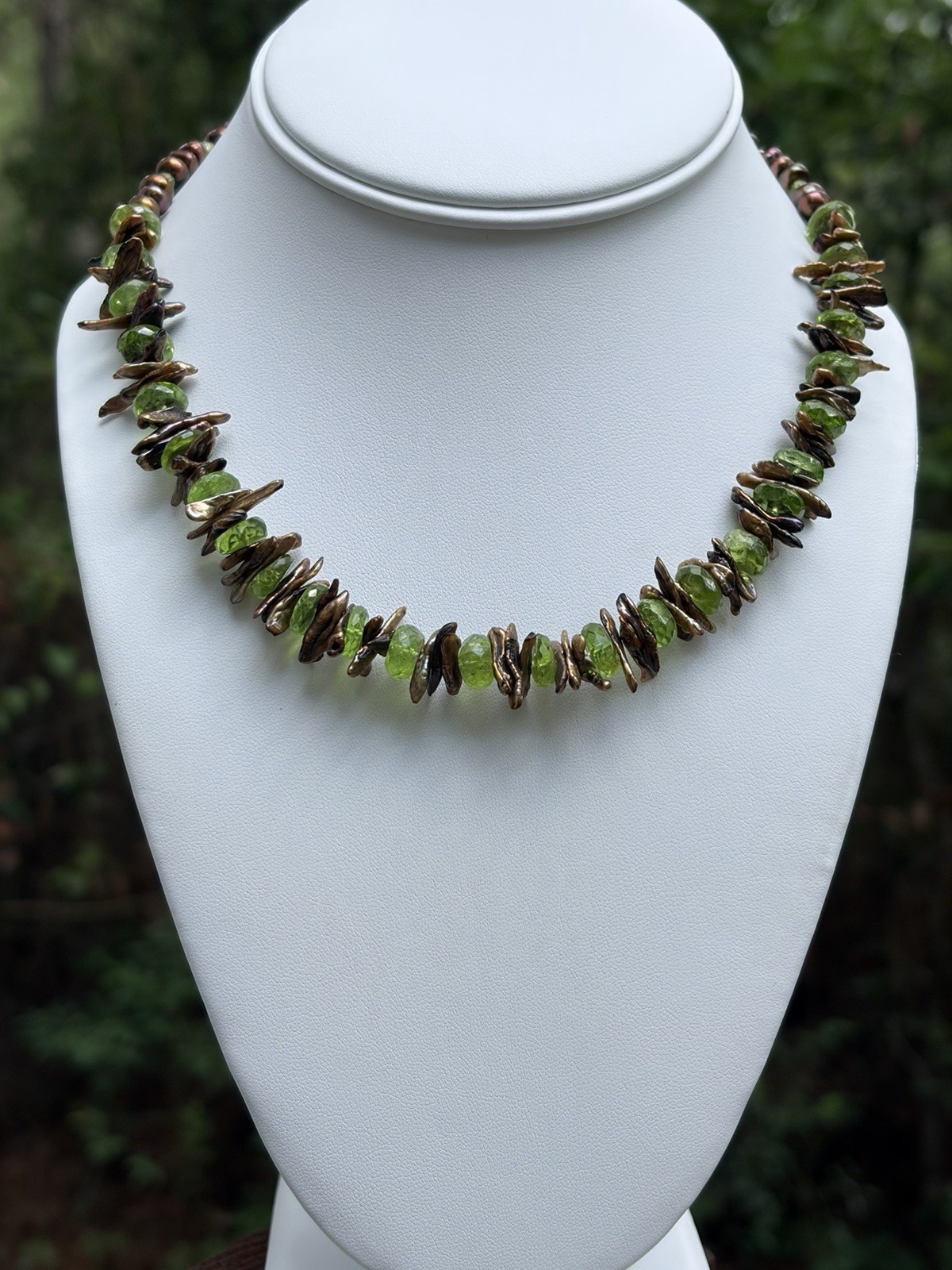 Authentic Faceted Peridot & Brown Pearl branches necklace 17” Pearl Clasp 925