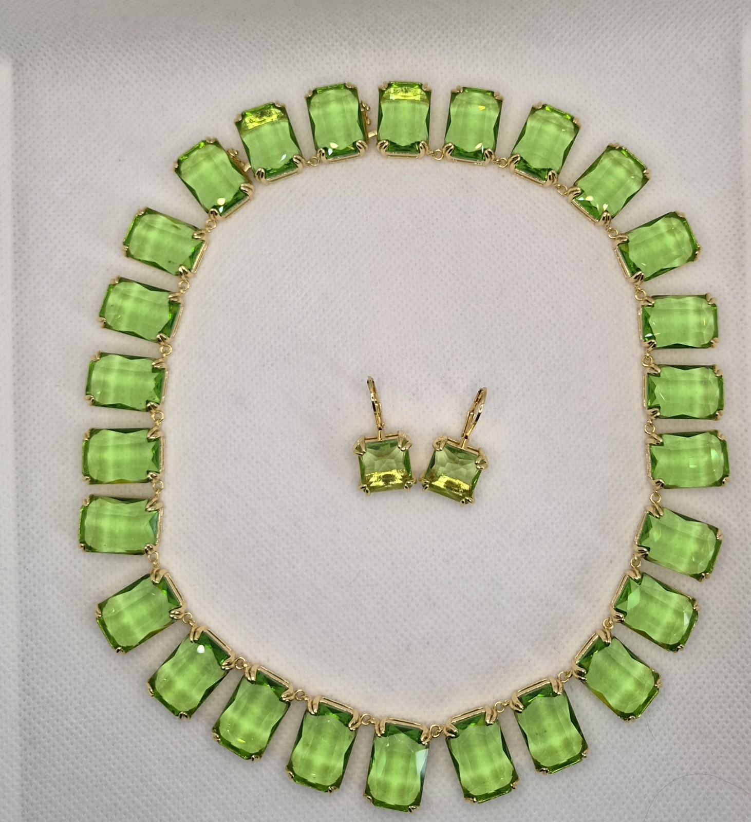 Tennis Necklace Earrings Crystal Octagon Green Gold Tone Set Inspired Millenia